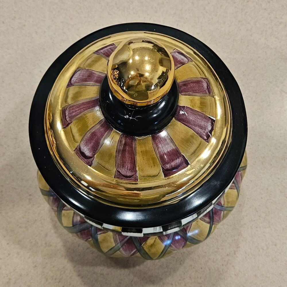 RARE MACKENZIE CHILDS ARGYLE PLAID AURORA CERAMIC GROOVY CANISTER JAR DISH